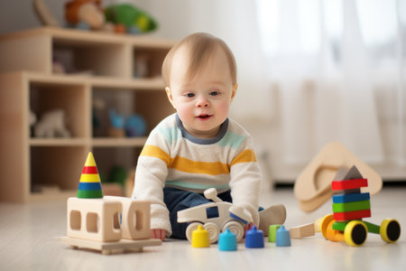child with down syndrome plays with educational toys and smilesの素材