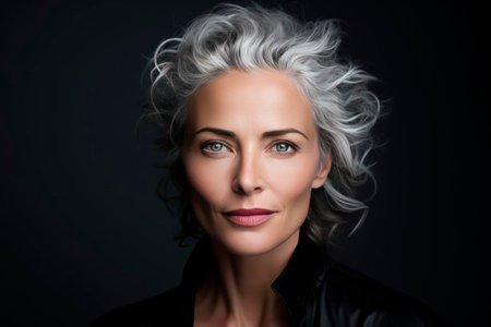 elderly beautiful gray haired woman close up on a plain backgroundの素材