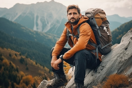 Young male tourist with a large backpack in the mountains and looking at the cameraの素材