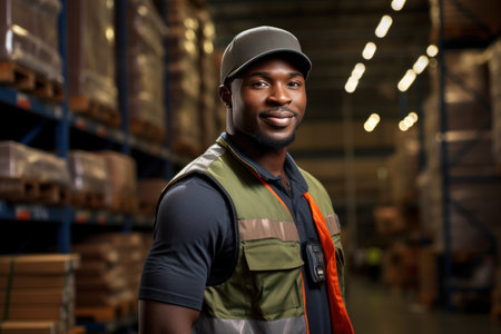 a darkskinned male warehouse worker in a vest and cap stands against the background of a warehouse with boxesの素材