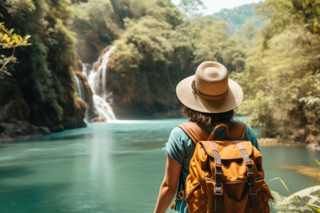 Young tourist with a large backpack looks at the lake and mountains and waterfallの素材