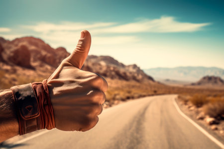 Male hand with thumb up, hitchhiking on the background of the roadの素材