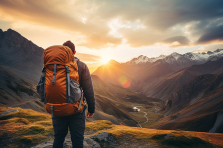 A young male tourist with a large backpack looks at the sunset in the mountainsの素材