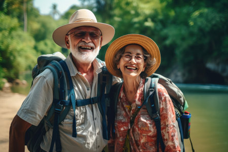 happy elderly couple man and woman hugging with large backpacks traveling in retirementの素材