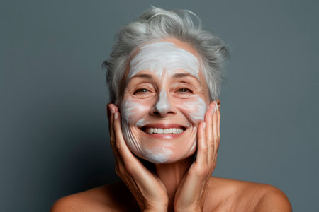 elderly grayhaired woman takes care of her face, applies cream to her face close upの素材