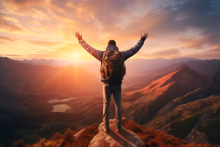 A young male tourist with a large backpack with outstretched arms looks at the sunset in the mountainsの素材