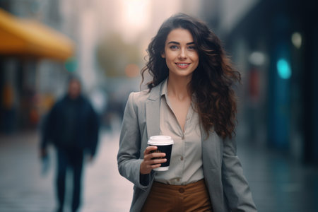 businesswoman near a business center with a glass of coffee in her handsの素材
