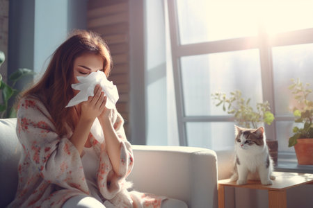 A woman sneezes with a handkerchief in her hands. Allergy to animal fur, catの素材