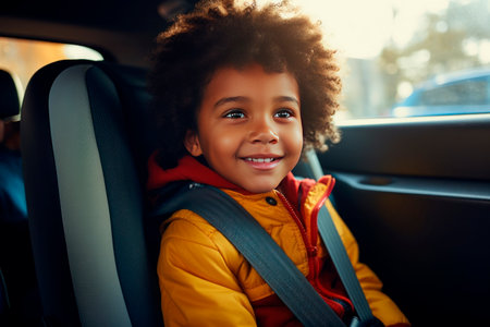 Smiling black child in a car seat buckled into a child seat. safetyの素材