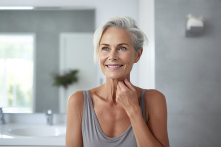 Elderly woman with gray hair takes care of herself in a cozy bath, clean skinの素材
