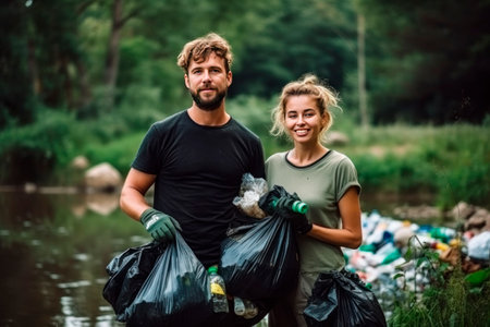 Nature cleaning. A married couple, a man and a woman of friends with garbage bags in their hands, collect garbage near a pond. Soft sunlight, blur.の素材