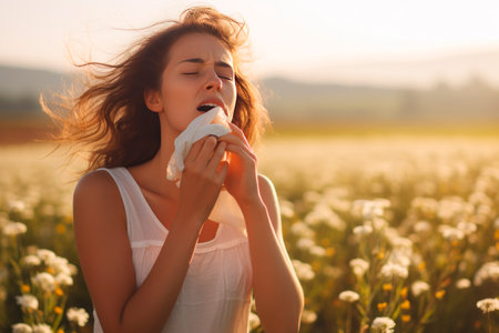 A woman sneezes with a handkerchief in her hands. Allergy to flowersの素材