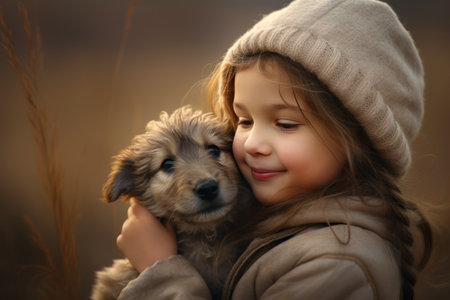 happy child hugging a dog outdoors in natureの素材
