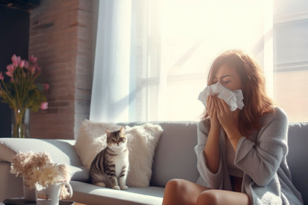A woman sneezes with a handkerchief in her hands. Allergy to animal fur, catの素材