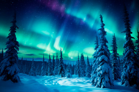 northern lights. Snowy Christmas trees.の素材