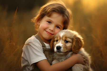 happy child hugging a dog outdoors in natureの素材