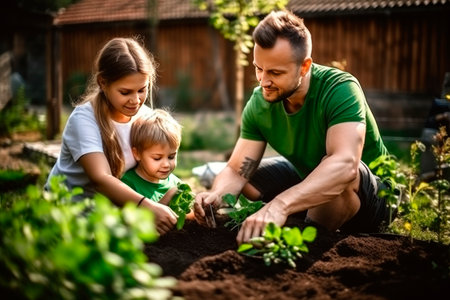 family, father daughter and son. a boy and a girl are planting plants and vegetables in the garden; they are planting plants, pots with plants, and beds in the flowerbed. Soft sunlight, blur.の素材