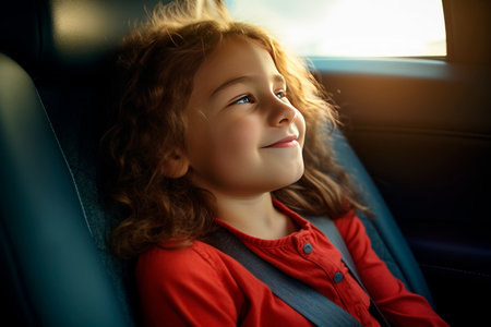 Smiling girl in a car seat buckled into a child seat. safetyの素材