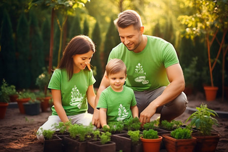 family, father mother and son. They are engaged in planting plants and vegetables in the garden; plants, pots with plants, and beds are planted in the flowerbed. Soft sunlight, blur.の素材