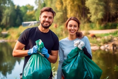 Nature cleaning. A married couple, a man and a woman of friends with garbage bags in their hands, collect garbage near a pond. Soft sunlight, blur.の素材