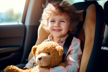 Smiling boy in car seat buckled in child seat with a teddy bearの素材