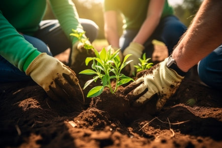 family, hands They are engaged in planting plants and vegetables in the garden, plants, pots with plants, beds are planted in the flowerbed. Close-up. Soft sunlight, blur.の素材
