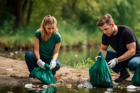 Nature cleaning. A married couple, a man and a woman of friends with garbage bags in their hands, collect garbage near a pond. Soft sunlight, blur.の素材