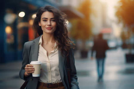 businesswoman near a business center with a glass of coffee in her handsの素材