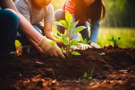 family, hands They are engaged in planting plants and vegetables in the garden, plants, pots with plants, beds are planted in the flowerbed. Close-up. Soft sunlight, blur.の素材