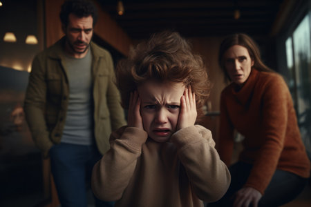 child boy covers his face and ears with his hands and cries, fear, swearing, parents yellingの素材