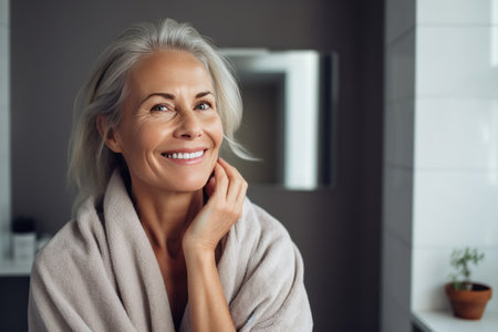 Elderly woman with gray hair takes care of herself in a cozy bath, clean skinの素材