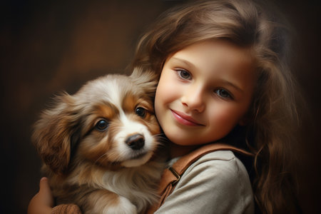 happy child hugging a dog outdoors in natureの素材
