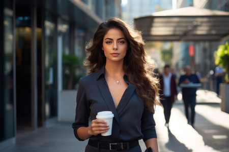 businesswoman near a business center with a glass of coffee in her handsの素材