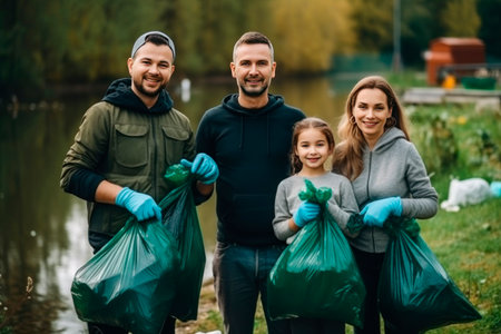 Nature cleaning. A family, mom and dad with child, girls with garbage bags in their hands, collect garbage. Close-up. Soft sunlight, blur.の素材