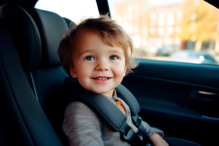 Smiling boy in car seat buckled in child seatの素材