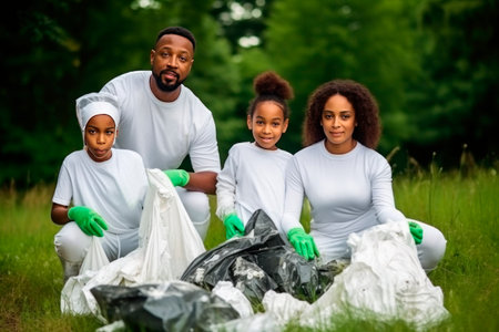 Nature cleaning. An African American family, mom and dad with children, boys and girls with garbage bags in their hands, collecting garbage. Close-up. Soft sunlight, blur.の素材