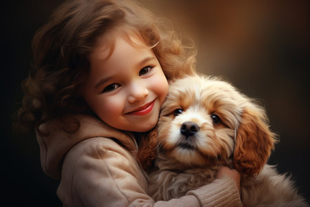 happy child hugging a dog outdoors in natureの素材