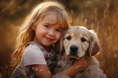 happy child hugging a dog outdoors in natureの素材