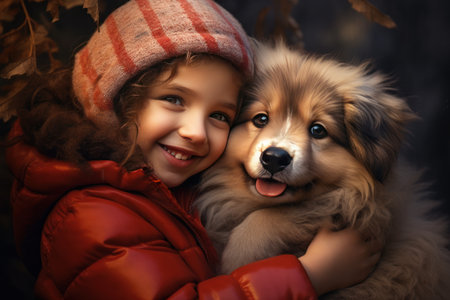 happy child hugging a dog outdoors in natureの素材