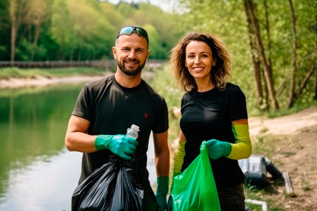 Nature cleaning. A married couple, a man and a woman of friends with garbage bags in their hands, collect garbage near a pond. Soft sunlight, blur.の素材