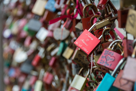 Locks on a bridge in Salzburg, Austriaの写真素材