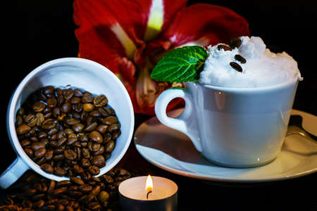 hot coffee with sugar cubesの写真素材