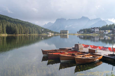 walk at the Misurina lakeの写真素材