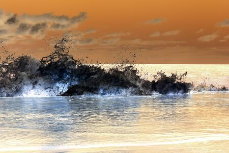 A strong wave of the Caribbean sea breaking on the shore with oil-like nuancesの写真素材