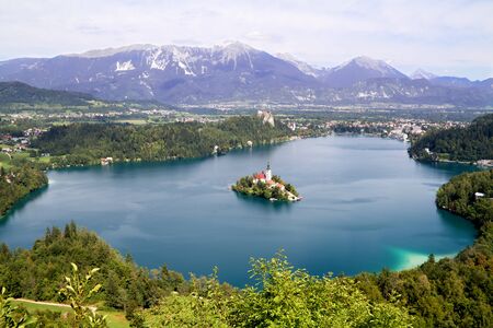 A panoramic view of the lake Bled with islandの写真素材