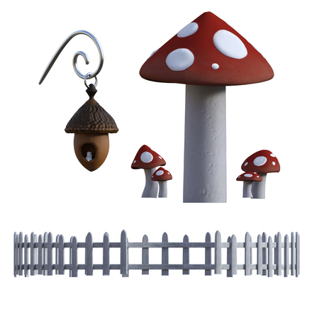 Set of fantasy elements inclding a picket fence, mushrooms and acorn light. isolated on white, 3d renderの写真素材