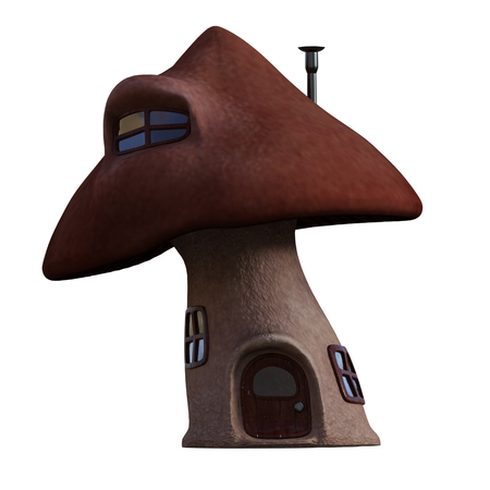 Mushroom house isolated on white, 3d renderの写真素材