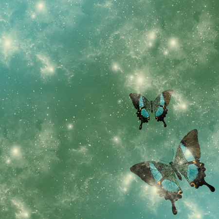 Sparkling fantasy background with 2 blue butterflies, Illustration.の写真素材