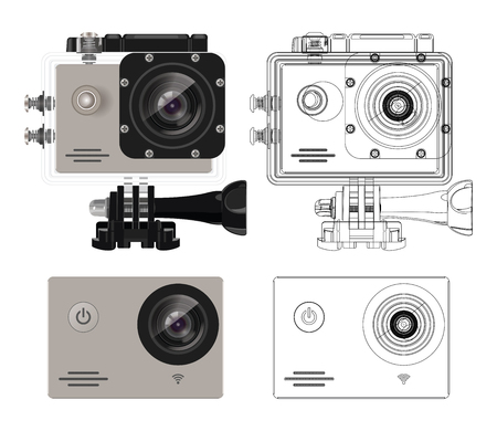 Action camera in waterproof box. Equipment for filming extreme sports. Action camera set. Realistic vector illustration.のイラスト素材