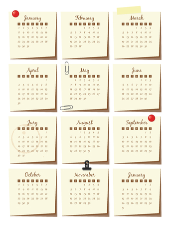 Calendar template for 2017 on stickers, with stationary elements. Week Starts Sunday. Vector illustration.のイラスト素材